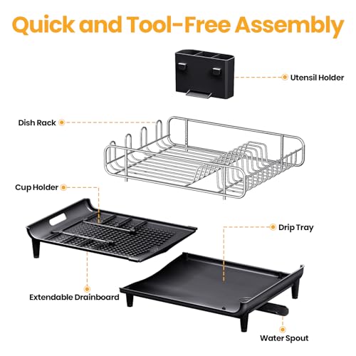 TOOLF Expandable Dish Rack, Dish Drying Rack for Kitchen Counter, Foldable Dish Dryer Rack, Stainless Steel Dish Drainer Racks with Cutlery Holder, Collapsible Dish Drying Racks Large Size,Black