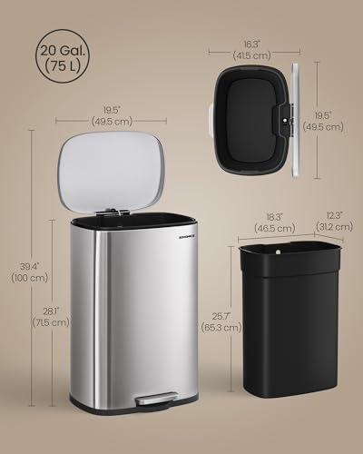 SONGMICS 20-Gallon (75 L) Trash Can, Stainless Steel Kitchen Garbage Can, Recycling or Waste Bin, Soft Close, Step-On Pedal, Removable Inner Bucket, Silver ULTB075EZ01