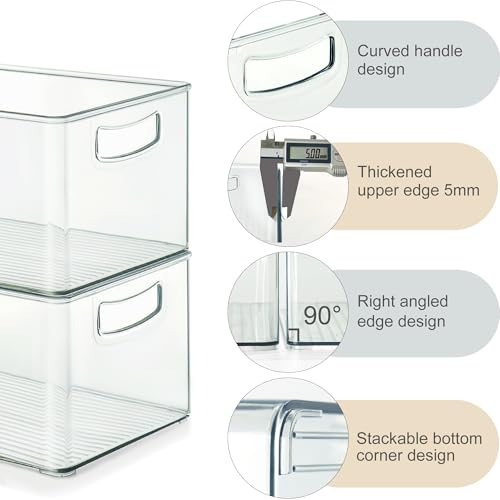 Heyuzb 8 PACK Freezer Organizer Bins Fridge Organizers and Storage Stackable Refrigerator Organizers Bins with Side Handles Clear Storage Bins for Pantry, Under Sink, Kitchen Cabinet