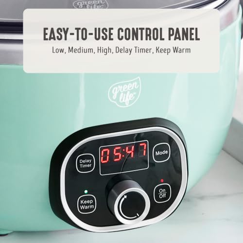 GreenLife 6QT Ceramic Slow Cooker, PFAS-Free, Programmable, Removable Healthy Nonstick Pot for Family Meals, Sear on Stovetop, Keep Warm, Digital Timer, Dishwasher Safe Crock, Turquoise