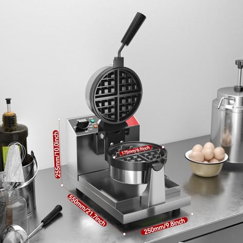 CROSSON Commercial Waffle Maker,Professional Round Belgian Waffle Maker Rotating 180° Non-Stick Plate Machine with Temp and Time Control for Restaurant Bakeries Kitchen 120V/1300W