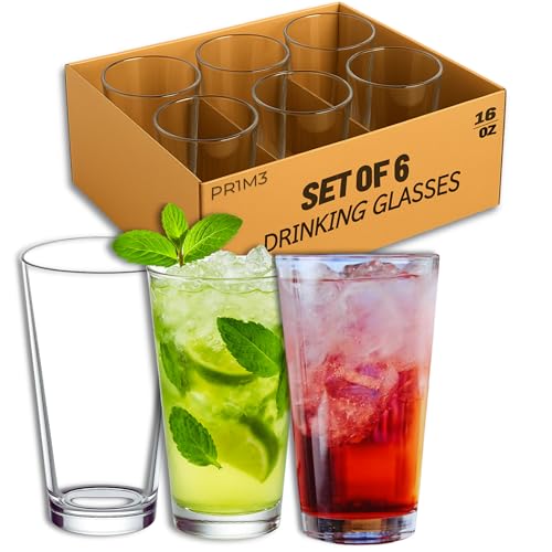 PR1M3 Set of 6 Drinking Glasses,16oz Heavy Base, Margarita Glass Cups Pint Glasses to Cocktail Clear Tall Beer Glasses, Water Glasses, Bar Glass, Juice, Iced Tea - Dishwasher Safe.