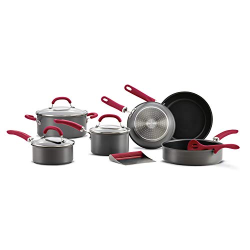 Rachael Ray Create Delicious Hard Anodized Nonstick Cookware Pots and Pans Set, 11 Piece, Red Handles