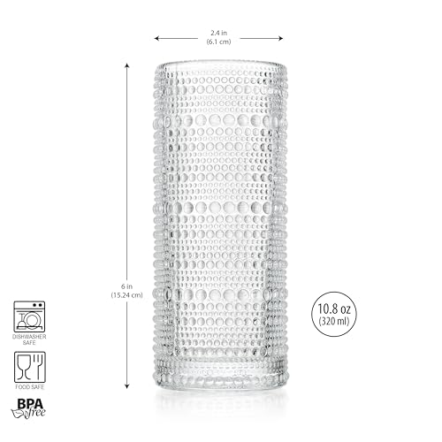Glaver's Highball Drinking Glasses, 10.82 oz Sleek Hobnail Textured Glassware Modern Tall Tumblers set of 4 Iced Coffee Glasses, Highball Cocktail Set, Dishwasher Safe, Housewarming Gift Set