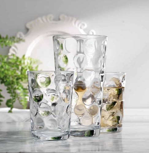 Home Essentials & Beyond Glassware Set 18 Piece Mixed Drinkware Set. 6 Highball Tumblers-17 oz., 6 Rock Whiskey-13 oz., and 6 Juice-7 oz. All Size Glass Cups Drinking Glasses. (Design on Inner Glass)