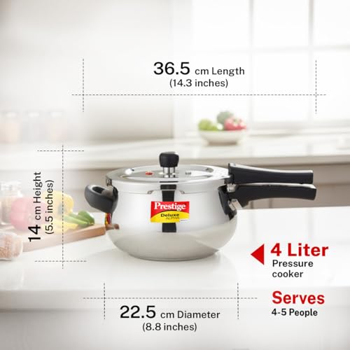 Prestige Deluxe Alpha Svachh Stainless Steel Pressure Cooker with Alpha Base and Deep Lid for Spillage Control, (4.0 L Junior Handi)