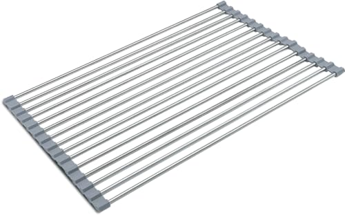 zzsbrm Roll Up Dish Drying Rack, Stainless Kitchen Accessories, Foldable Dish Rack, Anti-Slip Design Sink Counter Storage, Over The Sink Dish Rack, Stainless Steel, (17.5" x 12") Gray