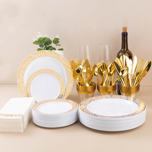 Bestluck 700PCS Gold Plastic Dinnerware Set for 100 Guests, Disposable Plates for Party, Include 100 Gold Dinner Plates, 100 Dessert Plates, 100 Set Silverware, 100 Cups, 100 Napkins