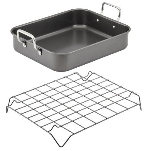 Rachael Ray Roasting Pan with Reversible Rack, Turkey Roasting Pan, Nonstick, 16.5-Inch x 13.5-Inch