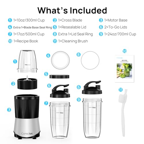 Consciot CB08 11-Piece Blender for Kitchen and Personal Size, Blend Shakes and Smoothies, Frozen Drinks, Baby Food, Spreads & More, 3 Portable To-Go Cups & 2 Spout Lids & 1 Solid Lid, 900 Peak Watts