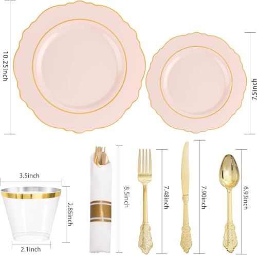 Liacere 350PCS Pink Plates Disposable-PinK Plates 50guest Baroque Plastic Dinnerware include 100Plates, 50Pack Pre Rolled Napkins with Silverware 50Cups Perfect for Wedding & Party & Baby shower