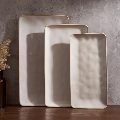Famiware Serving Platter, Rectangular 15.67/14.1/12.6inch Serving Dishes for Entertaining, Microwave Dishwasher Safe, Stoneware Serving Trays for Party, Turkey, Cheese, Ocean Series, Cappuccino White