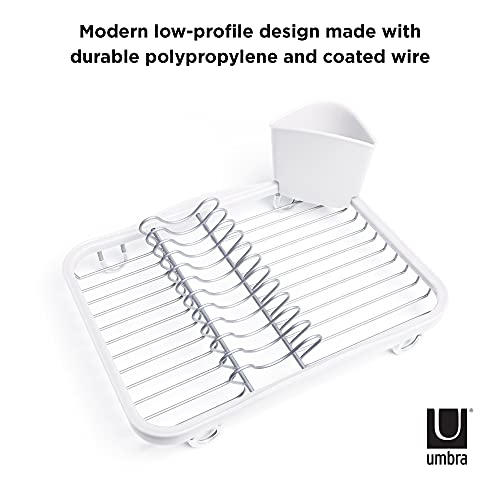 Umbra Sinkin Dish Drying Rack – Drainer Caddy with Removable Cutlery Holder – Use in Sink or On Counter, Standard, White/Nickel