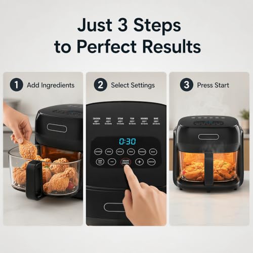7.4QT Air Fryer with Glass Bowl, Visible Window Lid, Digital Control, 360° Rapid Air Circulation, for Healthy Oil-Free Cooking & Baking, Dishwasher Safe, Nonstick, Easy Clean (Black)