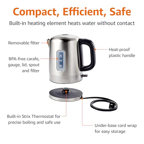 Amazon Basics Electric Stainless Steel Kettle for Tea and Coffee, BPA-Free, Fast Boiling, Auto Shut-Off, 1 Liter, 1500W, Black and Silver