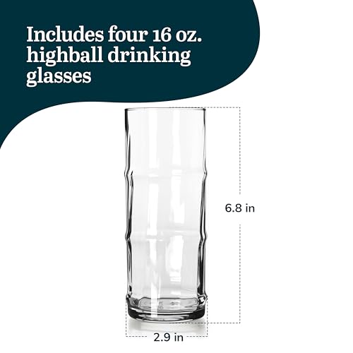 Libbey Tiki Bamboo Highball Drinking Glasses Set of 4, Iconic 16 Oz Tall Cocktail Glasses, Modern Drinking Glass Cups for Backyard and Summer Parties
