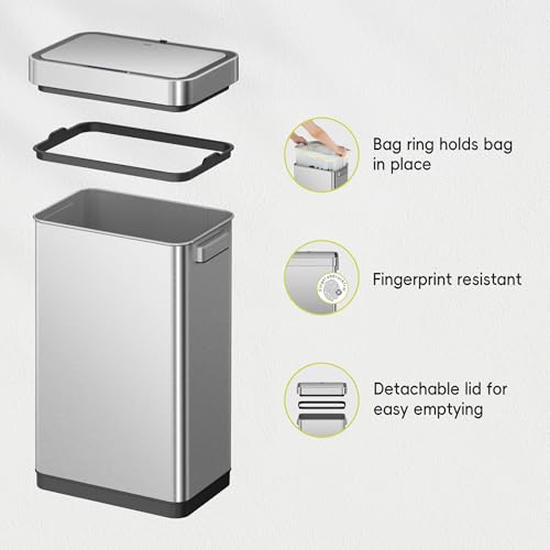 EKO Deluxe Mirage-T 50 Liter / 13.2 Gallon Touchless Rectangular Motion Sensor Trash Can, Matte Stainless Steel Finish