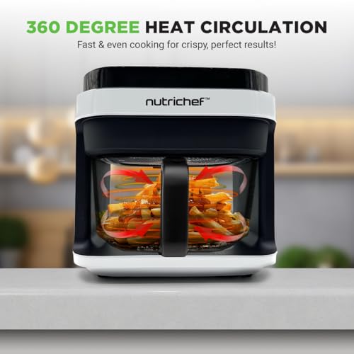 Nutrichef 5.8 Quart Air Fryer | 8-in-1 Preset Cook Modes| Transparent Fry Bowl for Best Cooking Results | Cook Shrimp, Steak, Fries, Wings, Chicken & More | Precise Temperature Control & Time | White