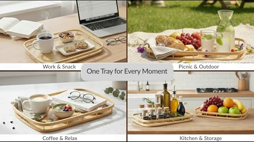 PEMAR Set of 4 Natural Bamboo Trays for Eating - Hand-Woven Handcrafted Rectangular Serving Trays with Handles - Unique Stackable Lap Trays for Dinner, TV Trays for Couch, Farmhouse Decor