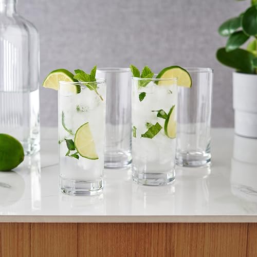 True Highball Glasses, Tall Glass Tumbler for Cocktails, Mojito Iced Tea Juices, Soda Water Drinking Cups, Kitchen Glassware, Home Bar, 11 oz Set of 4