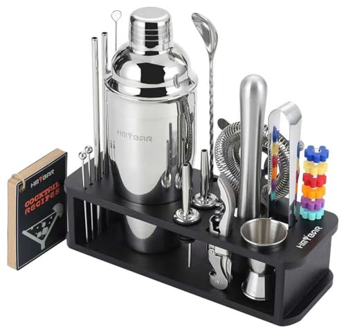 HMYBAR® 22-Piece Cocktail Shaker Set, Mixology Bartender Kit with 24oz Cobbler Shaker, Home Bar Tool Set with Black Bamboo Stand, 39 Recipe Cards, Glass Markers, Gift for Men & Dad