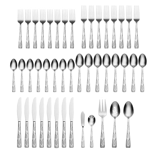 Oneida Silverware Set For 8, Tuscany 45-Piece Everyday Flatware Set with Serving Utensils, Service For 8, 18/0 Stainless Steel, Dishwasher Safe, Knives Spoons And Forks Sets, Dining (Silver, 45 Piece)