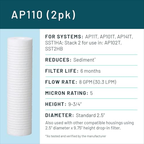 3M Aqua-Pure AP110 2-Pack Whole House Replacement Water Filter Cartridges, 5 Micron Sediment Reduction, for use with AP11T or AP101T Housing
