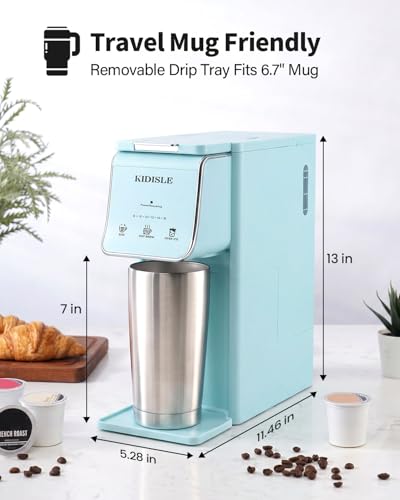 KIDISLE Hot & Iced Single Serve Coffee Maker for K Cup & Grounds, 6-16oz Sizes, 40oz Water Tank, Reusable Filter, Compact for Home Office Dorm, Blue