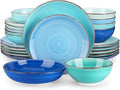 vancasso Bonita Stoneware Dinnerware Sets 24 Pieces Service for 6, Hand-Painted Spiral Dishes Set, Ceramic Kitchen Plates and Bowls Sets-Microwave and Dishwasher Safe (Blue,24 Pcs)