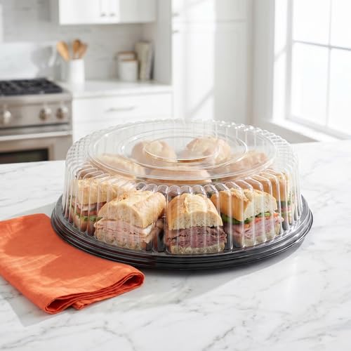 Frcctre 12 Pack 12 Inch Plastic Serving Tray with Lid, Disposable Plastic Food Serving Platters with Clear Dome Lids, Stackable Round Trays for Party, Takeout Food, Catering, Picnic