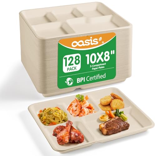 OasisSN 10x8 128-Pack 5-Compartment Divided Plates, Ideal for Light Meals, Kids Lunch, Meal Prep & Party, Heavy Duty Compostable Bagasse Plates, Microwave Safe, Natural