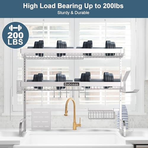 Babosas Over The Sink Dish Drying Rack,3 Tier Adjustable Length (25.5'' to 37.4'') Full Stainless Steel Large Storage Kitchen Dish Rack,For Kitchen Counter Expandable Multifunctional Organizers,Silver