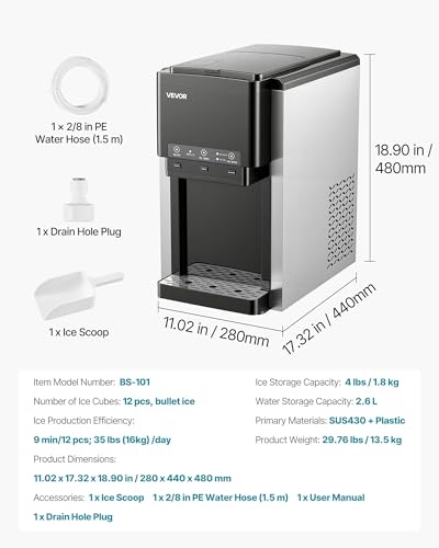 VEVOR Water Dispenser with Ice Maker, 3-in-1 Countertop Water Dispenser, 35 LBS/24H, 12 Cubes/7 Min Fast Ice Making with 4 LBS Storage, Bullet/Crushed ICES & Cold-Water, for Home, Kitchen, Party