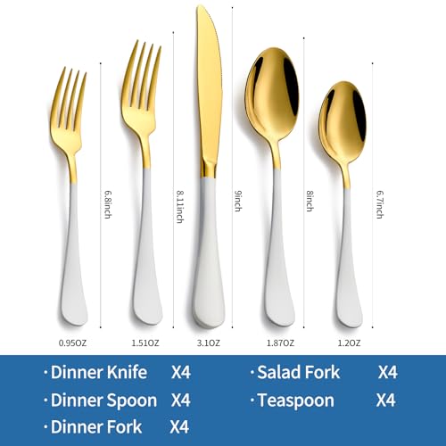 Moxinox 20-Piece White & Gold Silverware Set, 18/0 Stainless Steel Colorful Handle Flatware Set,Service for 4,Modern Cutlery Set Includes Dinner Knives Forks Spoons,Mirror Polished,Dishwasher Safe