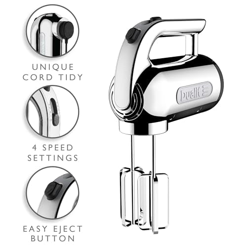 Dualit Hand Mixer - 300W- Strong Grip Handle - Attachments Included - Integral Plug Storage - 4 Speed Settings - Repairable gears - Flat Beaters, Dough Hooks, Balloon Whisk
