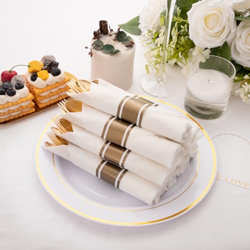 Joyido 400PCS Pre Rolled Gold Plastic Silverware Sets - Heavy Duty Gold Cutlery - Include 100 Pack Wrapped Disposable Utensils with Napkins for Parties, Dinners & Weddings