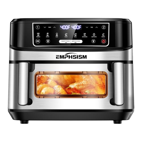 Emphsism 12QT Large Dual Zone Air Fryer with Divider, Match Cook & Smart Finish, Air Fry/Roast/Bake/Toast/Dehydrate/Reheat/Keep Warm/Preheat, Nonstick Dishwasher-Safe Basket, Digital Touchscreen