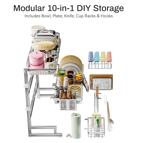 ADBIU Luxurious 304 Stainless Steel Over Sink Dish Drying Rack (Suitable for Sink Length 26.3"- 37.4") Snap-On Design 2 Tier Large Kitchen Dish Rack Stainless Steel Counter Organization and Storage