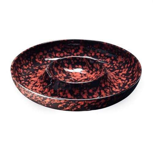 ArtifexCeram Ceramic Chips and Dip Serving Tray - Large Divided Party Bowl Set for Salsa, Veggies, Fruit & Snacks - Modern Minimalist Appetizer Platter with Unique Kiln-Change Glaze (Red Speckled)
