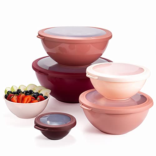COOK WITH COLOR Mixing Bowls with Lids - 12 Piece Plastic Nesting Bowls Set includes 6 Prep Bowls and 6 Lids, Microwave Safe Mixing Bowl Set, Rose TPR Lid