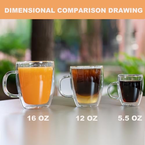 YUNCANG Double Wall Coffee Mugs, (4-Pcak) 16 Ounces-Clear Glass Cups with Handle,lnsulated,Cappuccino,Tea,Latte Cups,Beverage Glasses Heat Resistant
