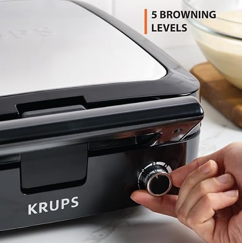 KRUPS 4-Slice Belgian Waffle Maker: Stainless Steel, 5 Browning Levels, Audible Ready Beep, Removable Plates, 1200W, Silver/Black, Large Waffle Maker Family Size, Great for Family Breakfasts