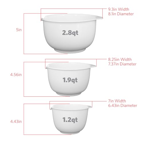 Glad Mixing Bowls with Pour Spout, Set of 3 | Nesting Design Saves Space | Non-Slip, BPA Free, Dishwasher Safe Plastic | Kitchen Cooking and Baking Supplies, White