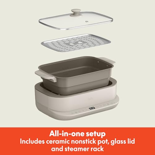 bella 6.0 QT Multi-Cooker, Ceramic Nonstick Coating, 4-in-1 Versatility, 4 cooking functions, Slow Cook, Sear, Saute, Steam, Serves 7 people, Dishwasher Safe Pot & Tempered Glass Lid, Tangle Free Cord Wrap, Oatmilk