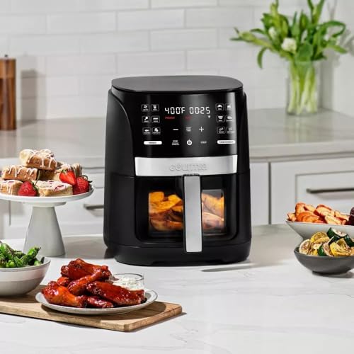 Gourmias 6 Qt Digital Window Air Fryer With 12 Presets, Guided Cooking, Touch Controls & Viewing Window – Oil-Free Frying, Easy Clean, Black