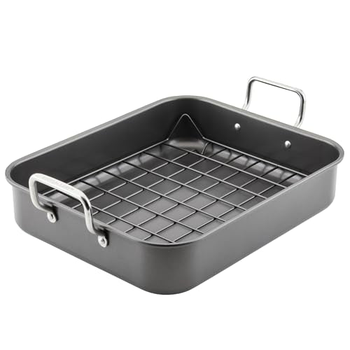Rachael Ray Roasting Pan with Reversible Rack, Turkey Roasting Pan, Nonstick, 16.5-Inch x 13.5-Inch