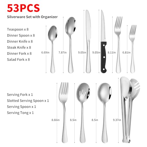 53PCS Silverware Set for 8 with Flatware Drawer Organizer, Stainless Steel Cutlery Set with Steak Knives, Include Spoons and Forks Set & Serving Utensils, Mirror Polished, Dishwasher Safe