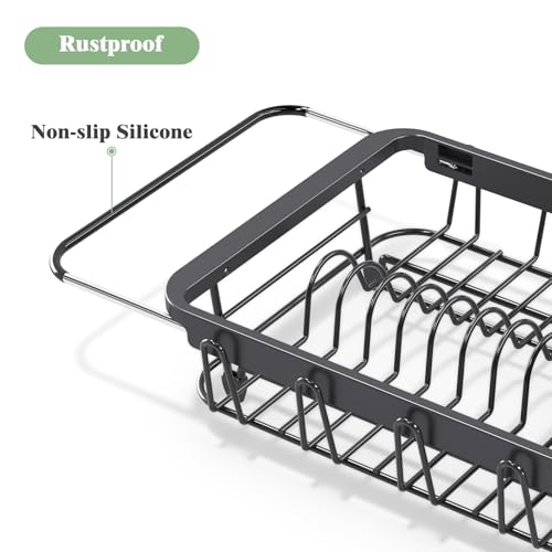 Urackify Expandable Dish Drying Rack Over The Sink, Adjustable Dish Rack in Sink, Rustproof Dish Drainer for Kitchen Counter, Dish Strainer with Utensil Holder (Black, Standard)