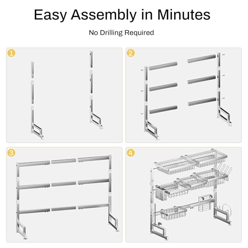 ADBIU Luxurious 304 Stainless Steel Over Sink Dish Drying Rack (Suitable for Sink Length 26.3"- 37.4") Snap-On Design 2 Tier Large Kitchen Dish Rack Stainless Steel Counter Organization and Storage