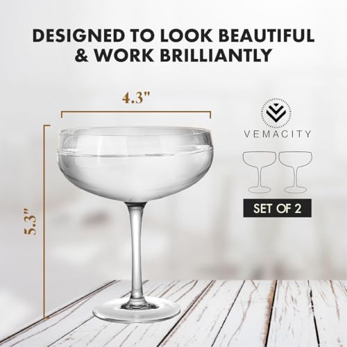 VEMACITY - Elegant Handblown Coupe Cocktail Glasses Set of 2 (10oz) - Crystal Espresso Martini Glasses, Champagne Saucers - Vintage Glassware | Wedding Gift | Ideal for Martinis and Margaritas